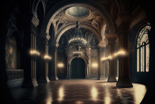 Ballroom of a deserted castle, or a palace hall in the middle of the night. Generative AI