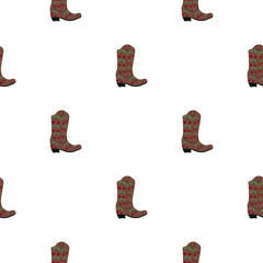 Cowboy boots with ornament seamless pattern. Wild west theme. Hand drawn colored trendy vector illustration on white background