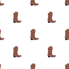 Cowboy boots with ornament seamless pattern. Wild west theme. Hand drawn colored trendy vector illustration on white background