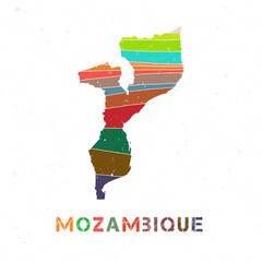 Mozambique map design. Shape of the country with beautiful geometric waves and grunge texture. Artistic vector illustration.