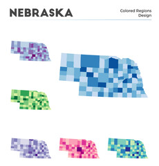 Nebraska map collection. Borders of Nebraska for your infographic. Colored US state regions. Vector illustration.