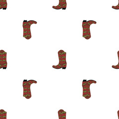 Cowboy boots with ornament seamless pattern. Wild west theme. Hand drawn colored trendy vector illustration on white background