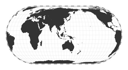 Vector world map. Herbert Hufnage's pseudocylindrical equal-area projection. Plain world geographical map with latitude and longitude lines. Centered to 120deg W longitude. Vector illustration.