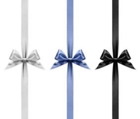 Silver, blue and black bright colored ribbons bows isolated on transparent background, top view, copy space for gift greeting card, Merry Christmas and mother or father day banner or shop advertising