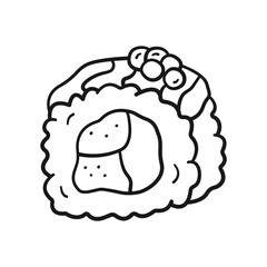 Sushi roll in doodle style. Asian food in linear drawing style. Png on transparent background, vector illustration