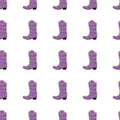 Cowboy boots with ornament seamless pattern. Wild west theme. Hand drawn colored trendy vector illustration on white background