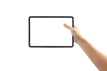Hand holding tablet with blank screen isolated on white background