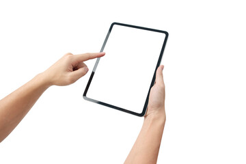 Hand holding tablet with blank screen isolated on white background