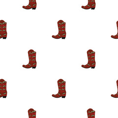 Cowboy boots with ornament seamless pattern. Wild west theme. Hand drawn colored trendy vector illustration on white background