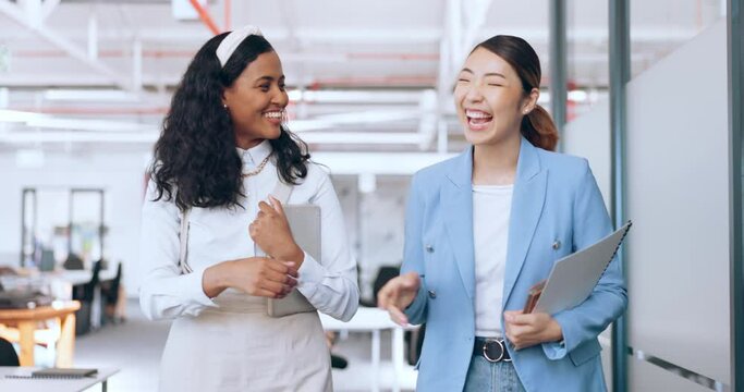 Business women, handshake and welcome, introduction and hello to new intern while walking in office. Happy, excited and diversity workers shaking hands for support, teamwork or onboarding partnership
