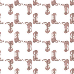 Cowboy boots with ornament seamless pattern. Wild west theme. Hand drawn colored trendy vector illustration on white background