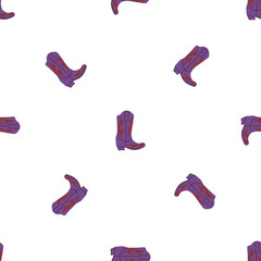 Cowboy boots with ornament seamless pattern. Wild west theme. Hand drawn colored trendy vector illustration on white background