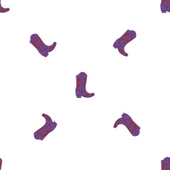 Cowboy boots with ornament seamless pattern. Wild west theme. Hand drawn colored trendy vector illustration on white background