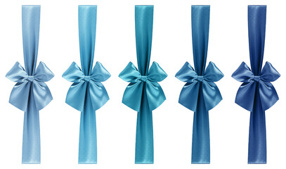 set of bright blue and turquoise colored ribbons bows isolated on transparent background, top view,...