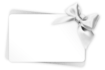 gift greeting card with silver bright ribbon bow Isolated on transparent background, top view, copy space for label price ticket, Christmas, mother or father and valentine day, or shopping template