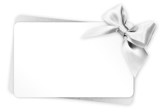 gift greeting card with silver bright ribbon bow Isolated on transparent background, top view, copy space for label price ticket, Christmas, mother or father and valentine day, or shopping template