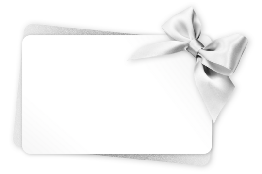 gift greeting card with silver bright ribbon bow Isolated on transparent background, top view, copy space for label price ticket, Christmas, mother or father and valentine day, or shopping template