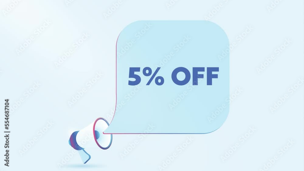 Poster 3d realistic megaphone with 5 percent off speech bubble. loudspeaker. discount concept. 4k video ani