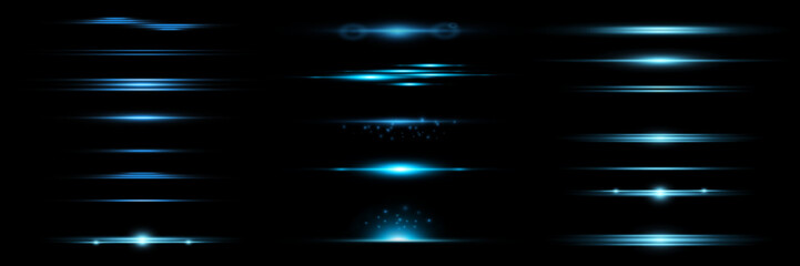 Package Blue horizontal lenses, glare, laser beams, glare, light rays, glowing stripes on a dark background, abstract glowing background.