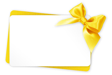 gift greeting card with golden bright ribbon bow Isolated on transparent background, top view, copy...