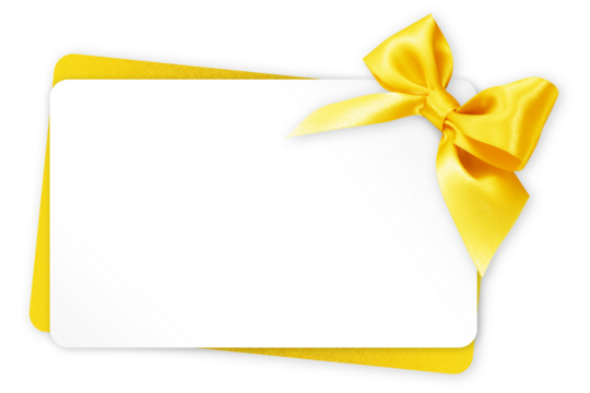gift greeting card with golden bright ribbon bow Isolated on transparent background, top view, copy space for label price ticket, Christmas, mother or father and valentine day, or shopping template