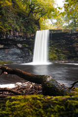 Sgwd Gwladys waterfall or Lady Falls in Brecon Beacons National Park, the Vale of Neath. South Wales, the United Kingdom. Four Waterfalls walk.