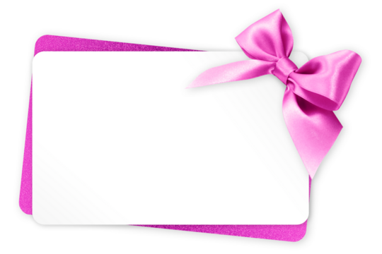 gift greeting card with pink bright ribbon bow Isolated on transparent background, top view, copy space for label price ticket, Christmas and Easter shopping or mother's day present template
