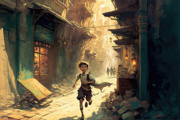 Fototapeta na wymiar Generative AI : a young cheerful boy running through the small streets of a slum somewhere in South America