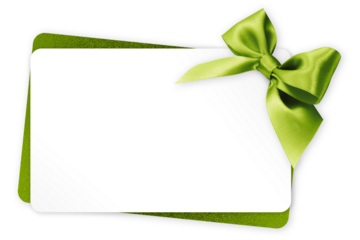 gift greeting card with green bright ribbon bow Isolated on transparent background, top view, copy space for label price ticket, Christmas and Easter shopping or St. Patrick day present template