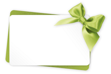 gift greeting card with green bright ribbon bow Isolated on transparent background, top view, copy space for label price ticket, Christmas and Easter shopping or St. Patrick day present template