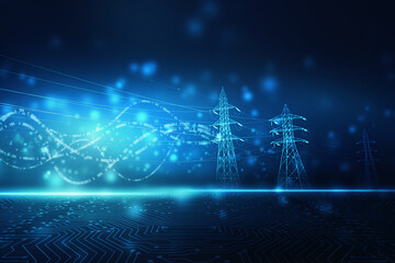 High power electricity poles on technology abstract background. Energy supply, distribution of energy, transmitting energy, energy transmission, high voltage supply concept