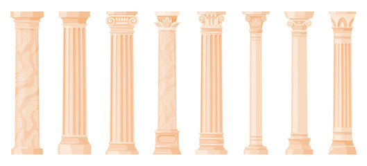 Ancient Roman or Greek pillars. Ancient architecture clones for pantheon, temple. Beautiful decorated pillars. Vector illustration