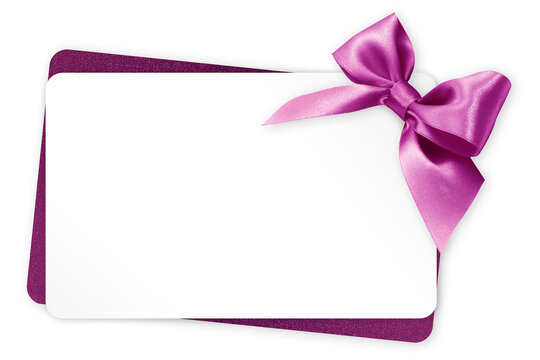 gift greeting card with purple bright ribbon bow Isolated on transparent background, top view, copy space for label price ticket, Christmas and Easter shopping or mother's day present template