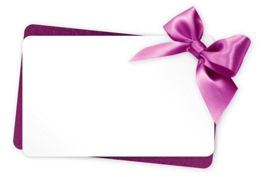 gift greeting card with purple bright ribbon bow Isolated on transparent background, top view, copy space for label price ticket, Christmas and Easter shopping or mother's day present template - Powered by Adobe