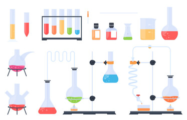Glass flasks, glass test tubes, for conducting experiments with various chemical ingredients. Scientific research. Vector illustration