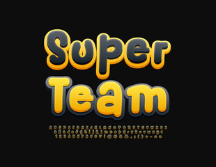 Vector modern emblem Super Team. Black and Yellow bright Font. Trendy Alphabet Letters and Numbers set