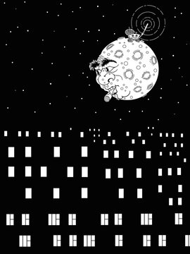 The moon is over a big city. Humor. Drawing on a black background.