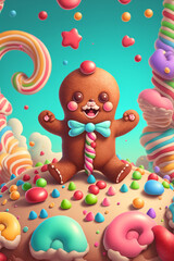 little cute gingerbread man in candyland