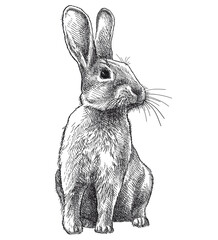 Hand-drawn graphic sketch of rabbit in black isolated on white background. 