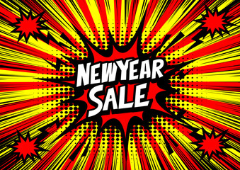 New Year Sale retro typography pop art background, an explosion in comic book style. 