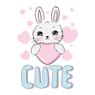 cute bunny, print design rabbit with slogan Cute and pink hearts, children print on t-shirt for kids vector illustration