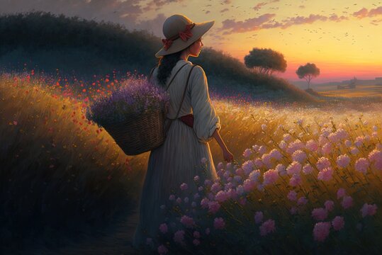 At dusk, a woman strolls across a flower field while carrying a basket of wildflowers. Generative AI