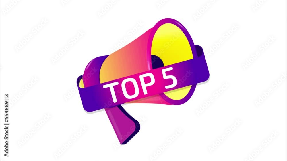 Poster Top 5 banner. Megaphone with speech bubble in flat style. 4K video animation