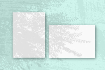 Horizontal and vertical sheets of white textured paper against a blue wall background. Mockup with an overlay of plant shadows. Natural light casts shadows from an exotic plant