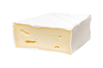 Three pieces of soft cheese with white mold and dried meat on a cutting board with greens