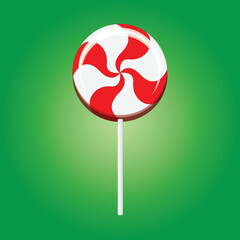 Christmas candy. Santa's stripes cane. Candy in cartoon style with contour. Vector illustration. Green background.