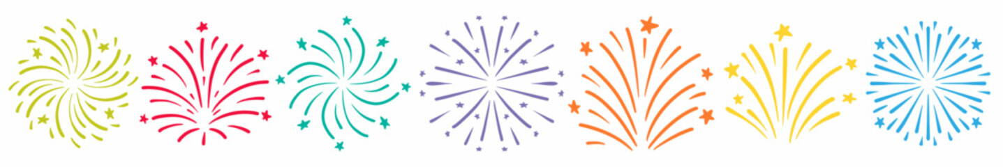 Obraz premium Vector collection of fireworks and fireworks hand-drawn in doodle style