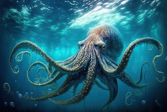 An octopus, the kraken of the deep, is a fantastical sea creature. Generative AI