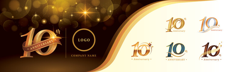 Set of 10th Anniversary logotype design, Ten years Celebrating Anniversary Logo, Golden Luxury and Retro Serif Number Letters,