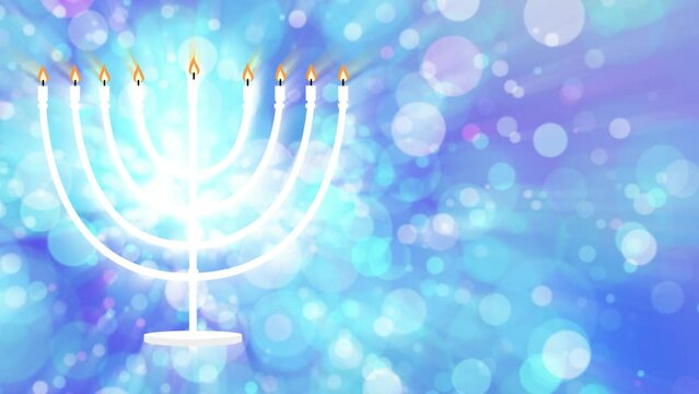 Hanukkah Sameah Hebrew Menorah Blue Background Angelic orbs of light 